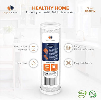 Aquaboon 5 Micron 10 x 2.5 Carbon Block Water Filter Cartridge CTO Whole House Water Filter Replacement Compatible with WHKF-WHWC, FXWTC, 4-PACK