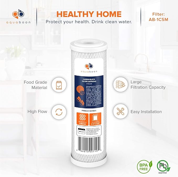 Aquaboon 5 Micron 10 x 2.5 Carbon Block Water Filter Cartridge CTO Whole House Water Filter Replacement Compatible with WHKF-WHWC, FXWTC, 12-PACK