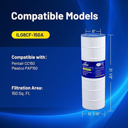 iLiving ILG8CF150A Premium Pool & Spa Filter Cartridge - Industrial-Strength Replacement for Pentair CC150/CCRP150, Unicel C-9415, Filbur FC-0687, Pleatco PAP150 | Fits Major Brands
