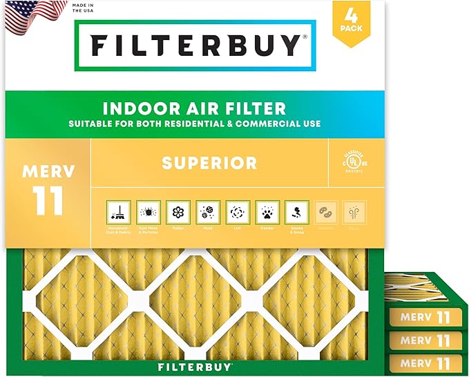 Filterbuy 18x18x1 Air Filter MERV 11 Superior Pet & Allergy Defense (4-Pack), Electrostatic Pleated HVAC AC Furnace Filters Replacement, Made in USA (Actual Size: 17.75 x 17.75 x 0.75)