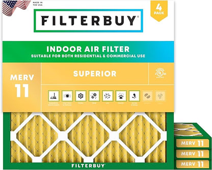 Filterbuy 22x22x1 Air Filter MERV 11 Superior Pet & Allergy Defense (4-Pack), Electrostatic Pleated HVAC AC Furnace Filters Replacement, Made in USA (Actual Size: 21.50 x 21.50 x 0.75)