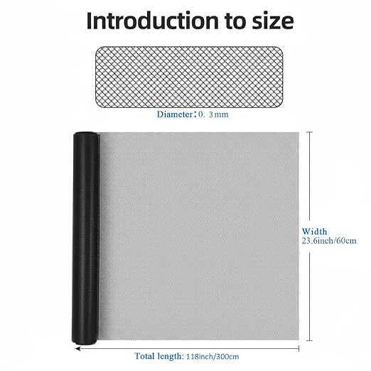 20 Mesh 304 Stainless Steel Mesh Screen, 24''×118''（60cm×300cm） Wire Screen Mesh, Rust Free Woven Wire Mesh, Metal Mesh Screen for Air Vents, Window Screen, Filters, Cage,Garden Covers (Black)