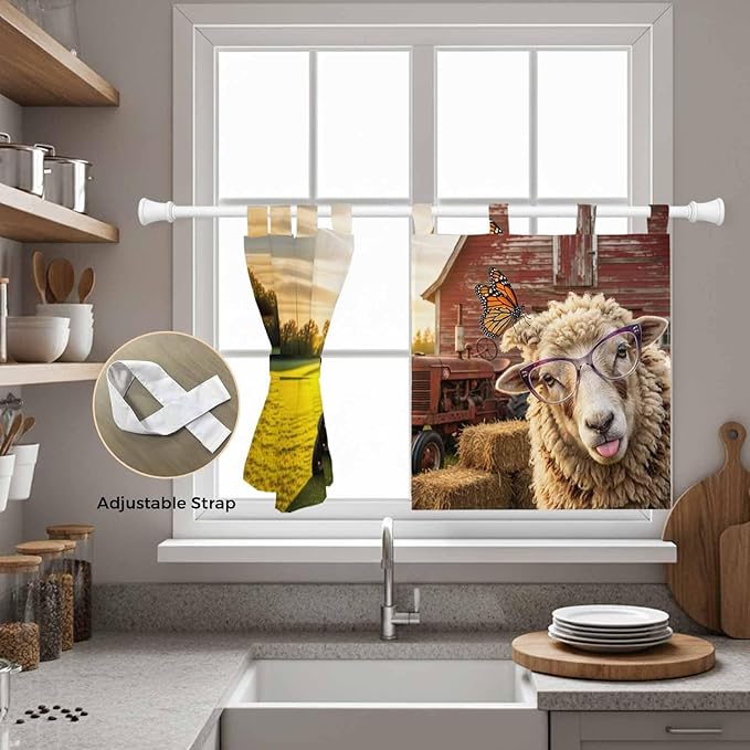 Farm Sheep Kitchen Curtains 24 Inch Length, Small Window Curtains Tab Top, Farmhouse Barn Funny Animals Butterfly Light Filtering Short Window Treatments Tier Drapes 27.5"x24" 2 Panel