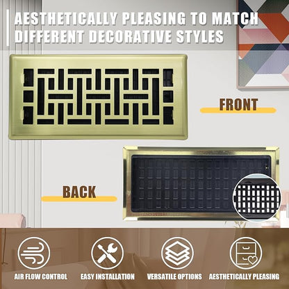 Floor Register Heavy Duty Walkable Steel Vent Register Brushed Gold Color 4X10 Inch Air Vent for Home Easy Adjust Air Supply Lever Floor Vent