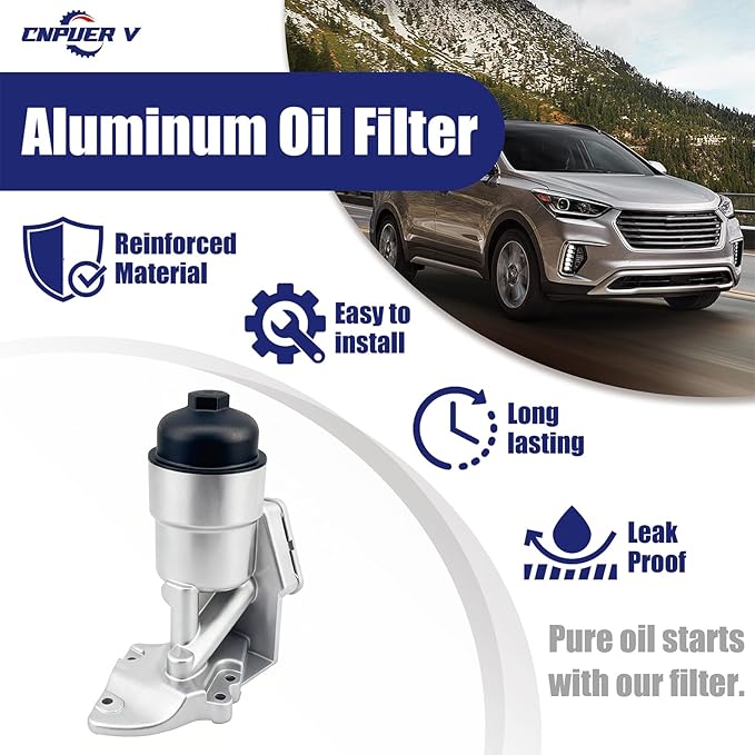 Oil Filter Housing Assembly, Complete Aluminum Plastic Cap Engine Oil Cooler, Compatible with Kia Sedona Cadenza Sorento, Hyundai Santa Fe Azera 2012-2019, OEM:26300-3CAB0 26300-3CAB1 (Plastic Cap)