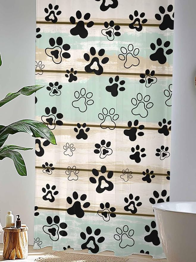 Sheer Curtains 96 Inches Long, Sage Green Beige Farmhouse Semi Sheer Curtains Light Filtering Window Treatment, Black Dog Paw Vintage Wooden Privacy Voile Drapes for Living Room Bedroom 52x96 Inch