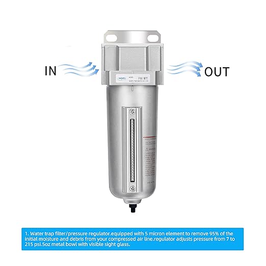 NANPU Industrial Grade Heavy Duty Particulate Filter, Metal Bowl, Suitable for Paint Spray (1/2" NPT, Auto Drain)