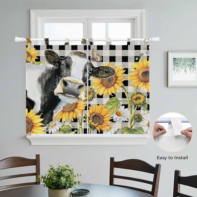 Retro Sunflowers Bedroom Curtains 63 Inch Length, Window Curtains Tab Top, Farmhouse Floral Cow Butterfly Black Plaid Light Filtering Window Treatments Drapes 42"x63" 2 Panel
