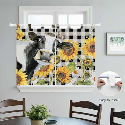 Retro Sunflowers Bedroom Curtains 63 Inch Length, Window Curtains Tab Top, Farmhouse Floral Cow Butterfly Black Plaid Light Filtering Window Treatments Drapes 42"x63" 2 Panel