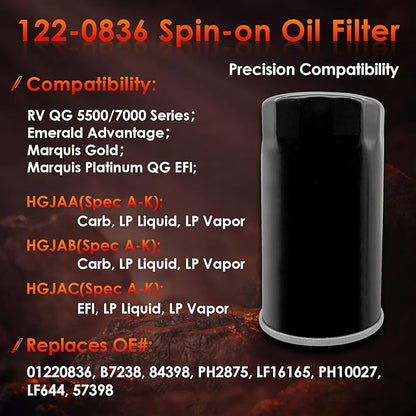 122-0836 Oil Filter │Replacement For RV QG 5500/7000 Series HGJAA HGJAB HGJAC Spin-on │Replaces# 01220836, B7238, PH2875, PH10027