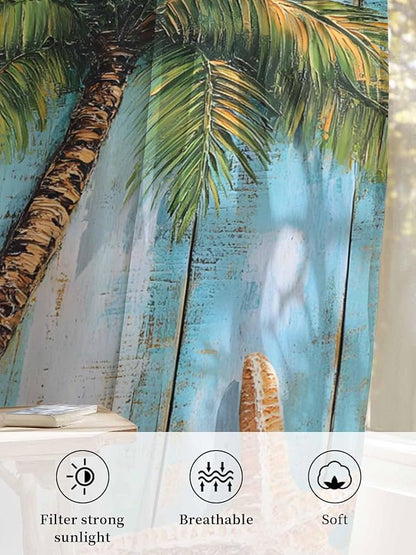 Sheer Curtains 84 Inches Long, Coastal Beach Tree Semi Sheer Curtains Light Filtering Window Treatment, Summer Tropical Starfish Wood Grain Privacy Voile Drapes for Living Room Bedroom 52x84 Inch