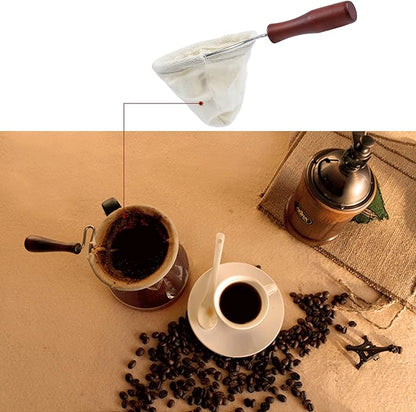 AUEAR, Wooden Handle Coffee Filter Reusable Cafe Flannel Cloth Bag Sock Strainer