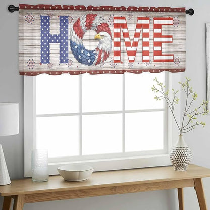 4th of July Sheer Valances for Windows 60"x18", Light Filtering Kitchen Curtains Valance, Stars Striped Farmhouse American Flag Wood Grain Rod Pocket Chiffon Curtains for Living Room Bedroom Cafe