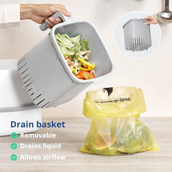 BLUE GINKGO Kitchen Compost Bin [5L / 1.32 GAL] – Filter-Free, Odor-Tight Countertop Food Waste Pail with Handles (Made in Korea, White)