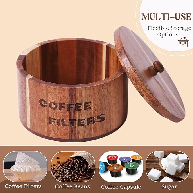 Acacia Wood Coffee Filter Holder and Storage - Round Container for Coffee Bar Organizer, Rustic Dispenser Basket