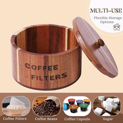 Acacia Wood Coffee Filter Holder and Storage - Round Container for Coffee Bar Organizer, Rustic Dispenser Basket