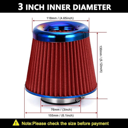 Cold Air Intake Filter, High Performance, Washable Filter, Clamp-On Replacement Air Filter, Flange Diameter 3inch/76mm Red