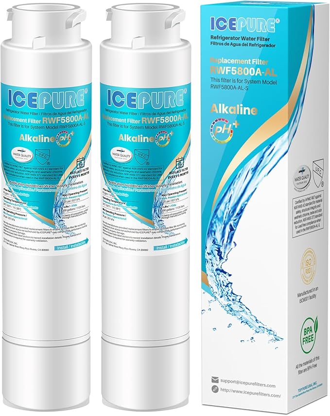 ICEPURE Alkaline RWF5800A-AL Refrigerator Water Filter Replacement for Frigidaire EPTWFU01, EWF02, Pure Source Ultra II, PureSource Ultra 2, GP006, BO022, MR022, SCWFTCTO, 4562222, Enhances PH, 2Pack