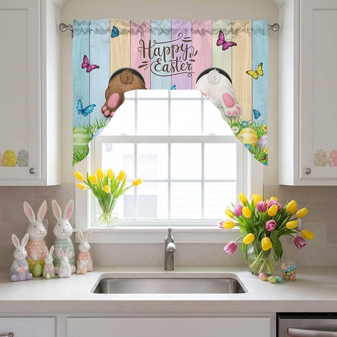 Swag Valance Curtains, Happy Easter Rabbit Butt Egg on Daisy Leaf Rod Pocket Valances Swag Topper for Kitchen Windows, Bufferfly on Wood Barn Light Filtering Short Curtain for Bedroom Bathroom 56x36In