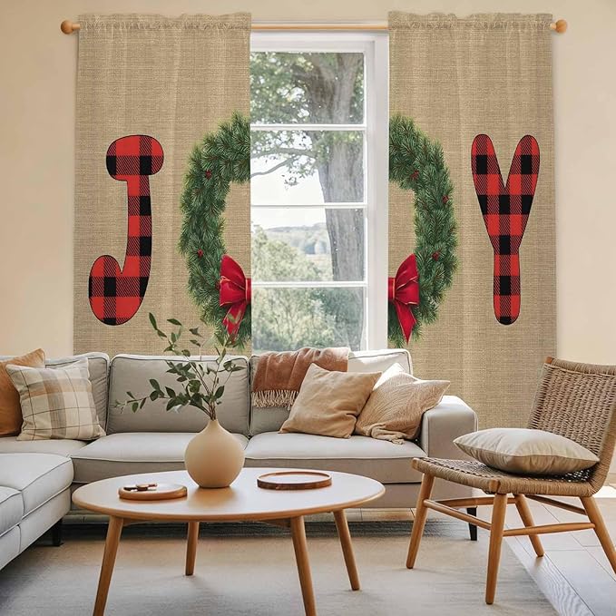 Red Green Christmas Window Curtains 72 Inch Long 2 Panel Set, Rod Pocket Long Curtains & Drapes, Xmas Botanical Winter Farmhouse Light Filtering Window Treatment for Bedroom Living Room 52"W x 72"L