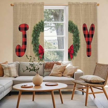 Red Green Christmas Window Curtains 72 Inch Long 2 Panel Set, Rod Pocket Long Curtains & Drapes, Xmas Botanical Winter Farmhouse Light Filtering Window Treatment for Bedroom Living Room 52"W x 72"L
