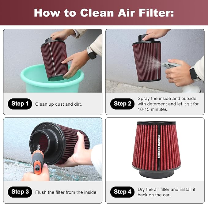 KYOSTAR Universal 3/3.5/4" (75/89/100mm) High-Flow Air Filter, Reusable Cone Cold Air Intake, High Performance, Clamp-On Car High Flow Dry Air Kit, Flange Diameter: 3/3.5/4 Inch, Height: 6.2 Inch, Red