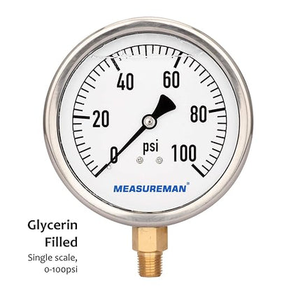 MEASUREMAN 4" Dial Size, Glycerin Filled Plumbing Pressure Gauge, 0-100psi, Stainless Steel Case, 1/4" NPT Lower Mount