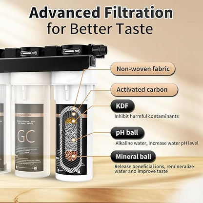 Under Sink Alkaline Water Filter, 9-Layer Water Filter System Reduces Heavy Metals, Chlorine, Sediment, Improves pH and Taste, Remineralization, NSF Certified Sink Water Filter