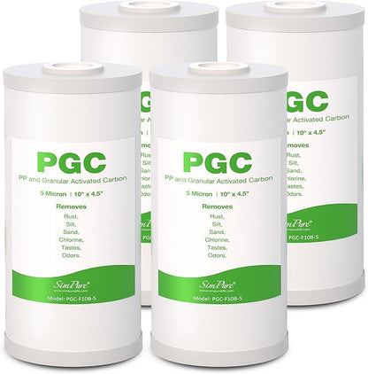 SimPure 5 Micron 10" x 4.5" Sediment and Carbon Whole House Water Filters, PGC Replacement Cartridge for GE FXHTC, GXWH40L, RFC-BB / 155141-43, WRC25HD, WDGD-5005, W10-PR, W15-PR, 4 Pack