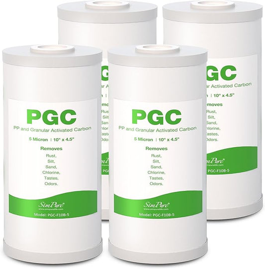 SimPure 5 Micron 10" x 4.5" Sediment and Carbon Whole House Water Filters, PGC Replacement Cartridge for GE FXHTC, GXWH40L, RFC-BB / 155141-43, WRC25HD, WDGD-5005, W10-PR, W15-PR, 4 Pack