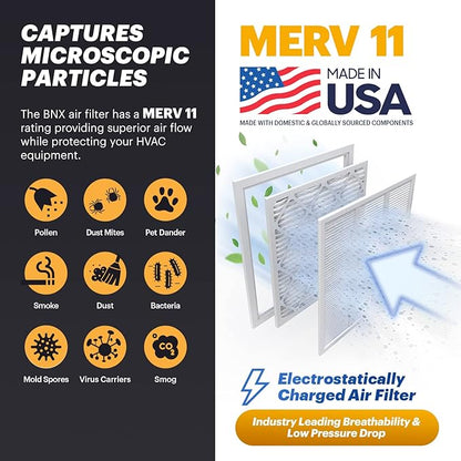 BNX TruFilter 16x20x1 Air Filter MERV 11 (6-Pack) - MADE IN USA - Allergen Defense Electrostatic Pleated Air Conditioner HVAC AC Furnace Filters for Allergies, Dust, Pet, Smoke, Allergy MPR 1200 FPR 7