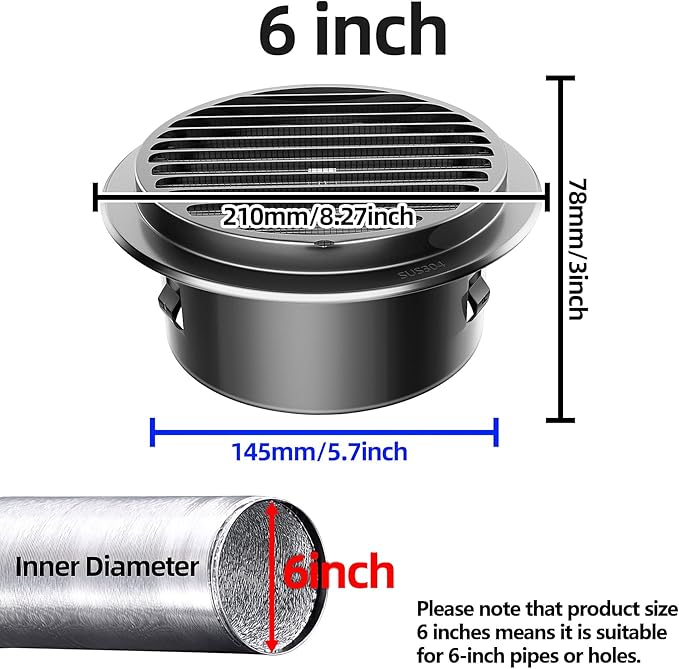 6" in Heavy Duty Thickened 304 Stainless Steel Air Vent Cover Louvered Grille Cover Vent Hood Flat Ducting Ventilation Air Vent Wall Air Outlet with Fly Screen Mesh for House (6inch-150mm Flat Black)