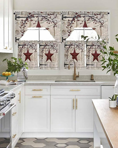 Village Stars Swag Kitchen Curtains Valance and Tier Set, Vintage Dark Red Star Berry Beige Barn Doors Light-Filtering Swag Valance 24 Inch Length, Rod Pocket Short Curtain for Bedroom Cafe