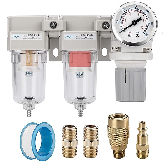 NANPU 1/4" NPT Air Drying System - 5 Micron Particulate Filter, 0.01 Micron Coalescing Filter, Air Pressure Regulator Combo - Semi-Auto Drain, Poly Bowl w/Metal Gauge
