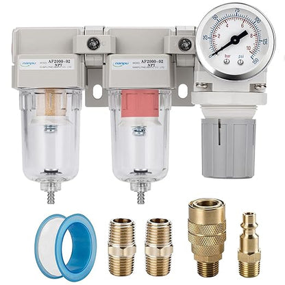 NANPU 1/4" NPT Air Drying System - 5 Micron Particulate Filter, 0.01 Micron Coalescing Filter, Air Pressure Regulator Combo - Semi-Auto Drain, Poly Bowl w/Metal Gauge