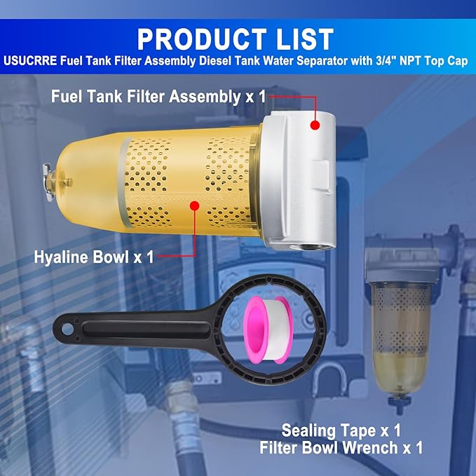 3/4" NPT Top Cap 495 Bowl Fuel Tank Replacement for Gasoline and Diesel Water Separate 10 Micron Filtration Oil Filter Assembly with Wrench