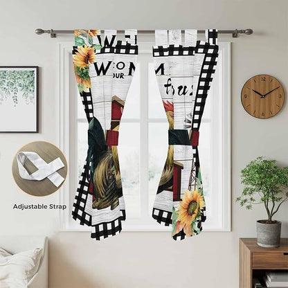 Farmhouse Rooster Bathroom Curtains 63 Inch Length, Window Curtains Tab Top, Rustic Red Barn Windmill Sunflowers Light Filtering Window Treatments Drapes 52"x63" 2 Panel