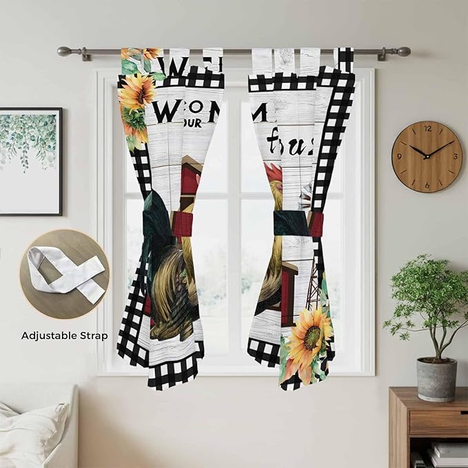 Farmhouse Rooster Bedroom Curtains 72 Inch Length, Window Curtains Tab Top, Rustic Red Barn Windmill Sunflowers Light Filtering Window Treatments Drapes 52"x72" 2 Panel