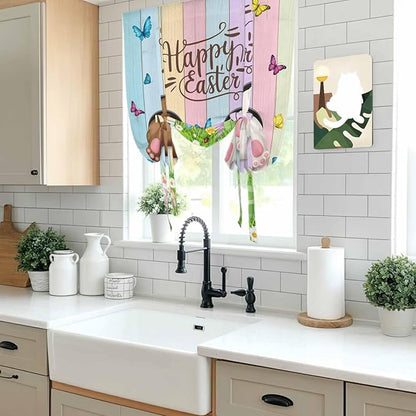Tie Up Curtains,Happy Easter Rabbit Butt Egg on Daisy Leaf Adjustable Rod Pocket Window Shade Curtain Drape Bufferfly on Wood Barn Tie-Up Valance for Kitchen Bedroom Living Room Windows,46"x63"