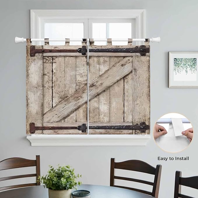 Farmhouse Wood Grain Kitchen Curtains 45 Inch Length, Short Cafe Window Curtains Tab Top, Vintage Country Barn Gate Brown Light Filtering Window Treatments Tier Drapes 27.5"x45" 2 Panel
