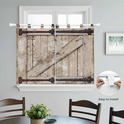 Farmhouse Wood Grain Kitchen Curtains 45 Inch Length, Short Cafe Window Curtains Tab Top, Vintage Country Barn Gate Brown Light Filtering Window Treatments Tier Drapes 27.5"x45" 2 Panel