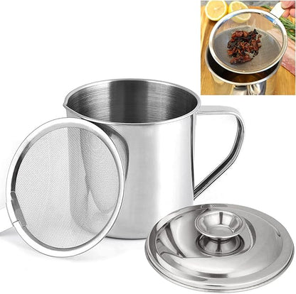Bacon Grease Container with Strainer, Stainless Steel Oil Storage Can Container with Fine Mesh Strainer Fat Container Pot with Filter Screen, 1.25 QT / 5 Cups Grease Keeper Cooking Oil Keeper