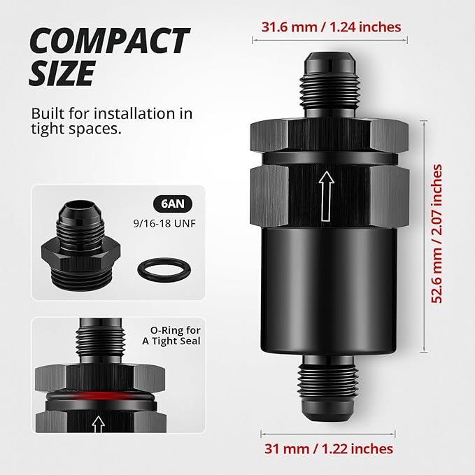 EVIL ENERGY 6AN Billet Inline Fuel Filter 30 Micron Aluminum Black for Car EFI & Carb Fuel Systems, Motorcycle and Boats