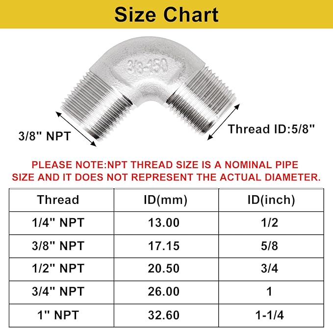 3/8" x 3/8" NPT 90 Degree Elbow 304 Stainless Steel Pipe Fittings Male Threaded Coupler, 2 Pack