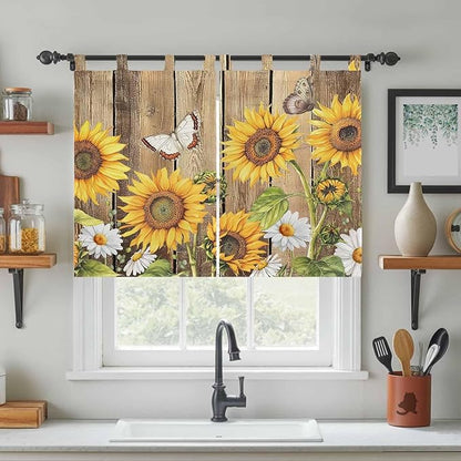 Farmhouse Sunflowers Kitchen Curtains 45 Inch Length, Short Cafe Window Curtains Tab Top, Rustic Floral Buttterfly Wood Board Brown Light Filtering Window Treatments Tier Drapes 27.5"x45" 2 Panel