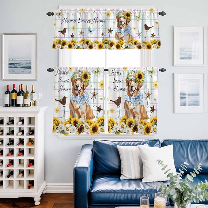 Kitchen Curtains Tiers and Valance Set of 3, Sunflowers Dog Light Filtering Window Curtain Set, Spring Watercolor Floral Stars Colorful Plaid Rod Pocket Curtain Drapes for Living Room, 24 Inches Tiers