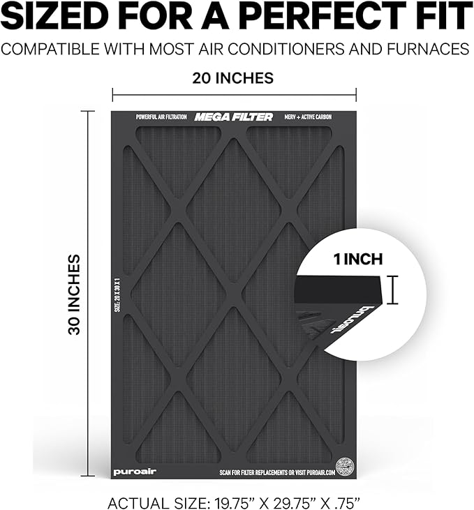 PuroAir MegaFilter - 20x30x1 Air Filter MERV 13 Activated CarbonTech Defense - Heavy Duty 3 Layer Furnace Filters Allergens, Pollen, Dust, Pet Dander, Smoke, Odors - HVAC Air Filter 20x30x1 (1-Pack)
