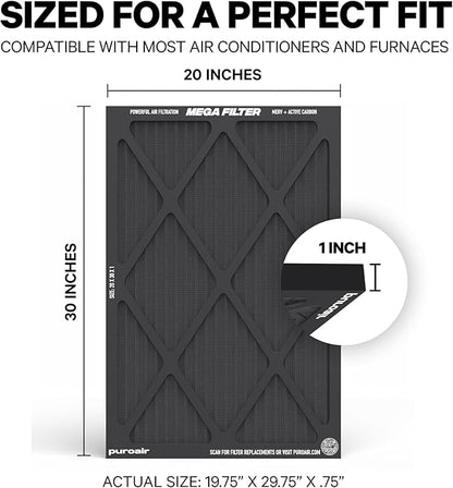 PuroAir MegaFilter - 20x30x1 Air Filter MERV 13 Activated CarbonTech Defense - Heavy Duty 3 Layer Furnace Filters Allergens, Pollen, Dust, Pet Dander, Smoke, Odors - HVAC Air Filter 20x30x1 (1-Pack)