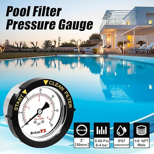 60PSI Pool Filter Pressure Gauge, 2 inches Dial, 1/4" NPT Back Mount, 304Stainless Steel Case, IP67 Waterproof, Clean Filter Indicator, for Swimming Water Pump Spa Aquarium Pressure Test