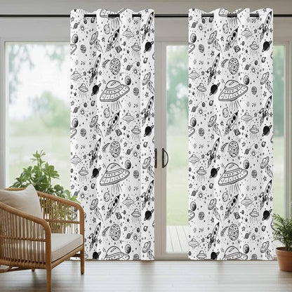 Cartoon Space Outdoor Curtains for Patio Rockets Astronauts Planets Black Waterproof Outside Curtains with Grommet Top Weatherproof Curtain for Cabana Pergola Gazebo, 2 Pack, 54" W x 95" L